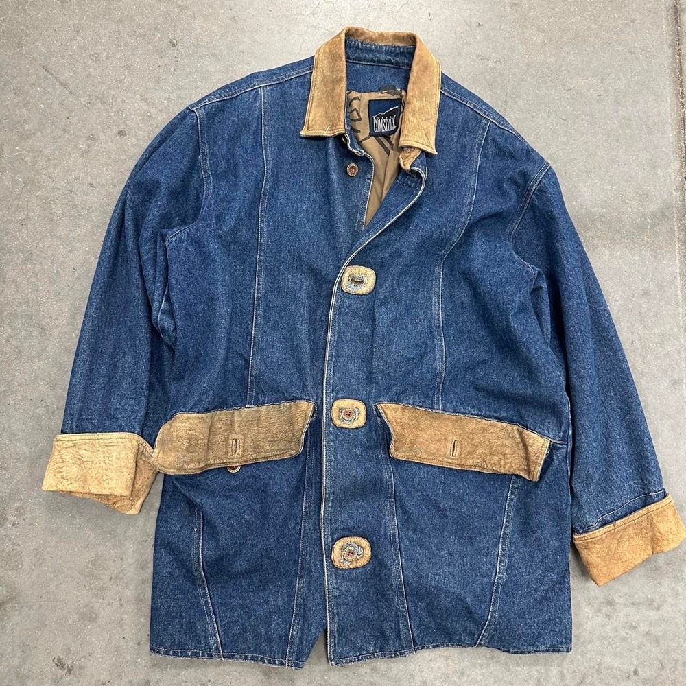 Vintage 90s Robert Comstock Leather collar + cuffs Denim Jacket Size 42 [XL]